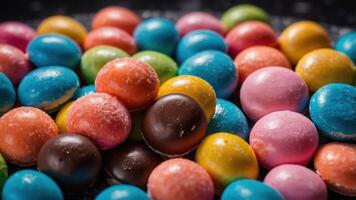 A colorful assortment of candy-coated chocolates arranged in a vibrant display. photo