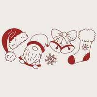 Cute Santa Claus with His Hat and Sock, Bells, and Snowflake in Christmas Element Red Style vector