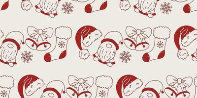 Cute Seamless Pattern Santa Claus with His Hat and Sock, Bells, and Snowflake in Christmas Element Red Style vector