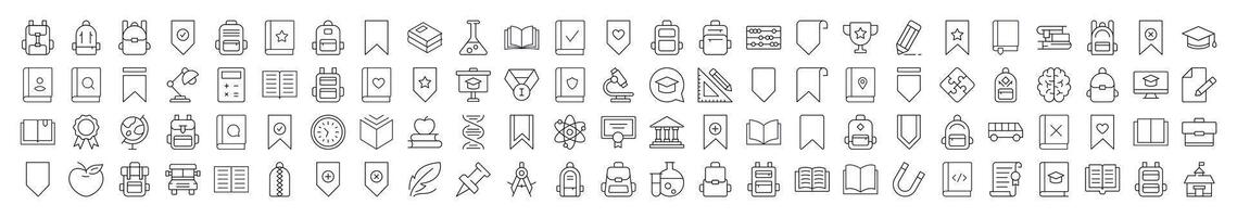 Collection of School, College, University Related Line Icons. Editable Stroke for Design, Web Sites, Apps, Cards. Contains Linear Images of Backpack, Bookmark, Book, Clock vector