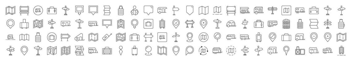 Motorhome, Map Pin, Baggage, Direction Pointer Simple Isolated Line Icons Collection. Editable Stroke. Suitable for Web Sites, Books, Cards, Apps vector