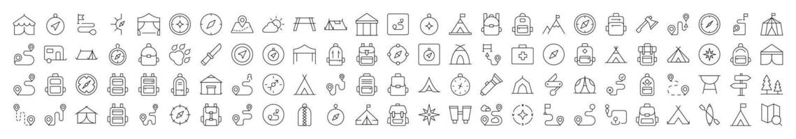 Simple Linear Icon of Backpack, Road, Map Pin, Compass, Tent. Editable Stroke. Minimalistic Linear Pictogram for Design of Cards, Apps, Banners, Posts vector