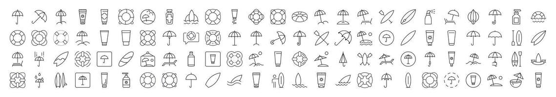 Beach, Umbrella, Surfing, Lifeline, Summer Rest Pictures Drawn with Thin Line. Collection of Various Design Elements that Can Be Used for Apps, Articles, Web Sites, Social Media vector