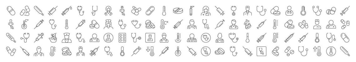 Collection of Outline Symbols of Syringe, Stethoscope, Pills, Thermometer, Doctor Drawn with Thin Line for apps, web sites, banners, infographics and other types of design vector