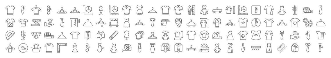 Sewing and Garment Bundle of Related Line Icons. Editable Stroke for Design, Web Sites, Apps, Cards. Contains Linear Images of T Shirt, Dress, Tie, Measuring Tape, Rack vector