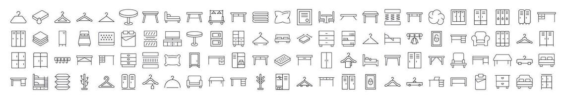 Minimalistic Linear Illustrations of Furniture. Contains Icons of Bed, Table, Mattress, Coat Hook that Can Be Used for Design of Cards, Posts, Apps, Web Sites vector