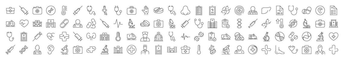Hospital Icon Set. Contains Icons of Organs, Doctor, Pills, Syringe, Clinic that Can Be Used for Design of Cards, Posts, Apps, Web Sites vector