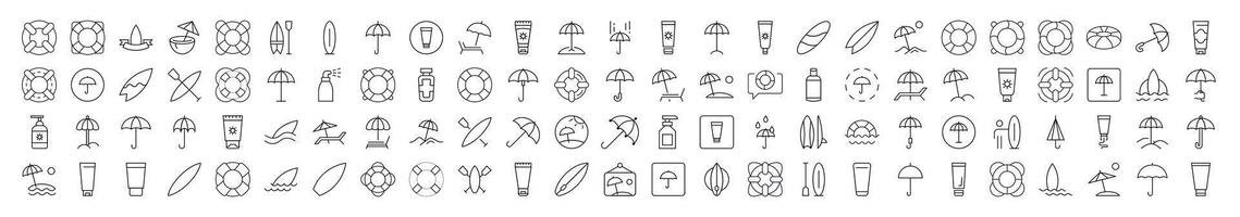 Collection of Signs of Umbrella, Sunscreen, Surfboard, Lifeline Drawn with Thin Line for apps, web sites, banners, infographics and other types of design vector