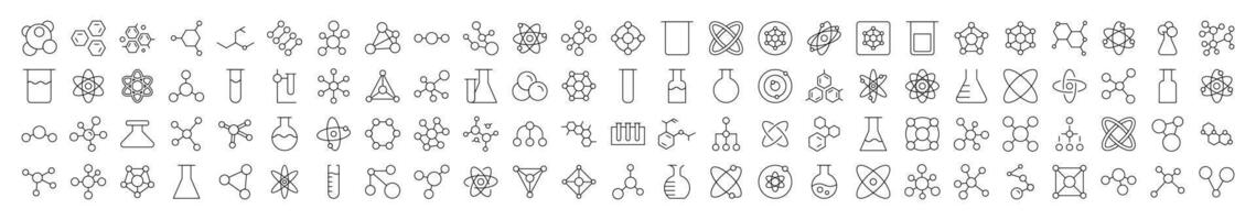 Science Line Icon Pack. Modern Collection for Design, Web Sites, Apps, Cards. Contains Linear Images of Chemical Compound, Atom, Laboratory Bulb vector