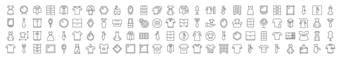 Closet, Wardrobe, Mirror, Dress, T Shirt Outline Web Line Icons Collection. Editable Stroke. Minimalistic Linear Pictogram for Design of Cards, Apps, Banners, Posts vector