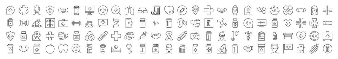 Medicine and Healthcare Line Icon Bundle. Modern Collection for Design, Web Sites, Apps, Cards. Contains Linear Images of Organs, Medical Cross, Pills vector