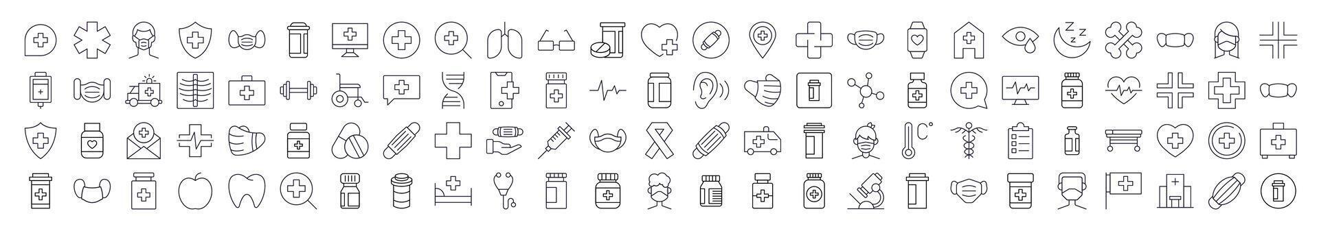 Medicine and Healthcare Line Icon Bundle. Modern Collection for Design, Web Sites, Apps, Cards. Contains Linear Images of Organs, Medical Cross, Pills