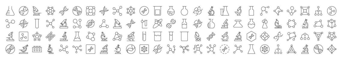 Chemistry Line Icon Bundle. Modern Collection for Design, Web Sites, Apps, Cards. Contains Linear Images of Chemical Compound, Laboratory Bulbs, Atom vector