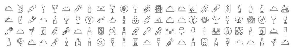 Cocktail, Bowl with Cloche, Bottle, Loud Speaker Editable Strokes Drawn with Thin Line. Collection of Various Design Elements that Can Be Used for Apps, Articles, Web Sites, Social Media vector