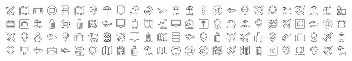 Line Icon Set of Vacation. Contains Icons of Plane, Map, Location, Beach Umbrella that Can Be Used for Design of Cards, Posts, Apps, Web Sites vector