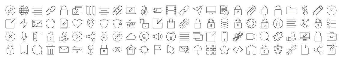 Bundle of Interface Related Line Icons. Editable Stroke for Design, Web Sites, Apps, Cards. Contains Linear Images of Share, Coding, Like, Bookmark, Menu vector