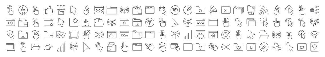 Computer Desktop Line Icon Collection. Modern Collection for Design, Web Sites, Apps, Cards. Contains Linear Images of Cursor, Wi Fi Waves, Folders, Web Pages vector