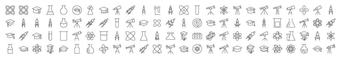 Set of Science Related Line Icons. Editable Stroke for Design, Web Sites, Apps, Cards. Contains Linear Images of Laboratory Bulb, Compass, Atom, Telescope vector