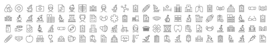 Bundle of Line Icons of Health Care and Treatment. Editable Stroke. Minimalistic Linear Pictogram for Design of Cards, Apps, Banners, Posts vector