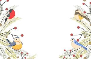 Winter background with birds with branches of fir, pine and berries. Holiday design, post template, social media. Poster, banner with place for text vector