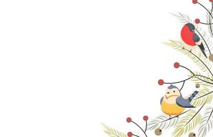 Winter background with birds with branches of fir, pine and berries. Holiday design, post template, social media. Poster, banner. illustration vector