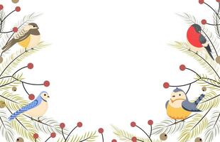 Winter background with birds with branches of fir and berries. Holiday design, post template, social media. Poster, banner with place for text. illustration vector