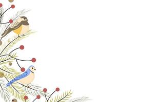 Winter background with birds with branches of fir, pine and berries. Holiday design, post template, social media. Poster, banner with place for text. illustration vector