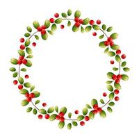 Christmas round wreath with green leaves and red berries on a white background. Wreath of holly, lingonberry, cranberry. New Year's winter frame of foliage and berries. vector
