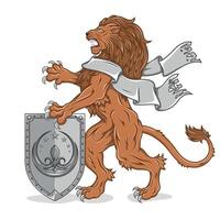 Rampant lion with ribbon and medieval shield vector