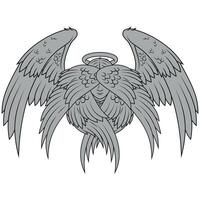 Seraph with six wings, angelic face of the Catholic religion, archangel with halo and feathers vector