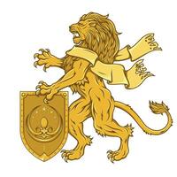 Rampant lion with ribbon and shield from medieval age, heraldic feline of European royalty vector