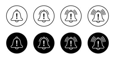 Bell exclamation icon set collection on black circle. Warning notification outline sign symbol vector