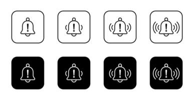 Bell line with exclamation mark icon on black square. Warning notification outline sign symbol vector