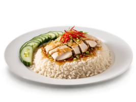 Hainanese Chicken Rice Tender poached chicken served over fragrant ginger infused rice accompanied by tangy png