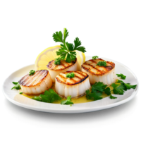Grilled scallops with golden sear lemon wedge and parsley garnish wisps of steam rising isolated png