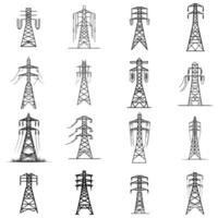 Collection of Electrical Transmission Tower Silhouettes and Power Line Structures vector