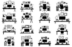 Minimalist Workspace Desk Illustrations with Computer Monitors, Lamps, and Office Supplies vector