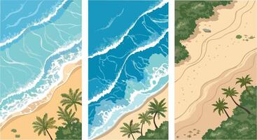 Aerial view of a tropical beach meeting the ocean waves in three vertical illustrations vector