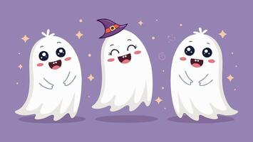 Three cute kawaii ghosts happily floating, one sporting a witch hat for a hint of halloween magic vector