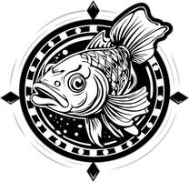 Black and white illustration of a fish inside a circle. vector