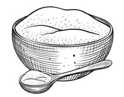 Bowl and spoon of Flour illustration. Drawing of dish with curd or sour cream in line art style. Rustic retro outline element painted by black inks. Etching for cookbook. Kitchen utensil. vector