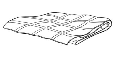 Folded cloth illustration. Drawing of checkered blanket or plaid painted in line art style by black inks on isolated background. outline etching of tablecloth. Monochrome engraving. vector