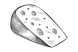 Cheese illustration. Linear drawing with wedge of gouda painted by black inks on isolated background. Line art of Dairy product for cookbook and recipe. Monochrome sketch of food for culinary. vector