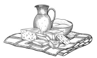 Dairy products on checkered tablecloth illustration. Linear Drawing of cheese wheel, butter and milk in pitcher painted by black inks in outline style. Etch of farm products for cookbook. vector