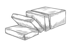 Slice of butter or cheese linear illustration. Outline drawing of dairy product painted by black inks. Monochrome etch for cookery book or culinary recipe. Line art for food design. vector