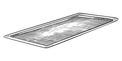 Tray illustration. Linear drawing of dish for food painted by black inks. Outline etching with platter on isolated background. Line art of metal kitchen utensil for cookbook and recipe. vector