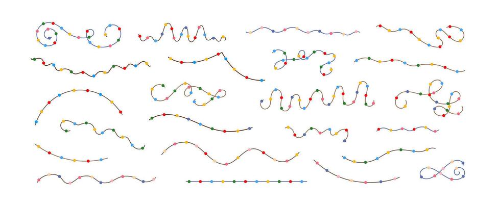 Christmas colorful multicolored lights curly string garlands set simple doodle illustration, flat style cartoon image for winter New Year holiday, birthday events design