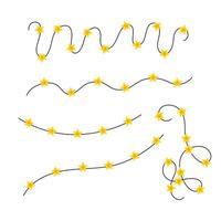 Bright yellow star lights garlands set on a curly string, drawn in a doodle style. Ideal for Christmas, New Year, or birthday event designs in flat, colorful, and festive style vector