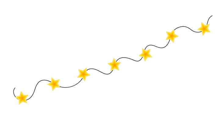 Christmas colorful bright yellow star lights curly string garland simple doodle hand drawing, flat style cartoon image for winter New Year holiday, birthday events design