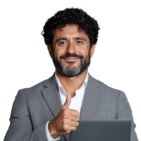 Smiling businessman with curly hair giving thumbs up, isolated on a transparent background, symbolizing positivity and approval. png